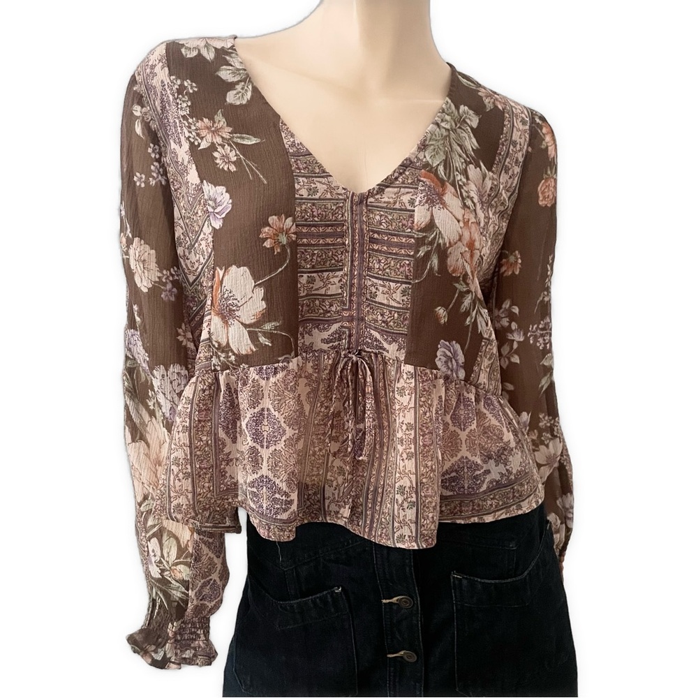 American Eagle Outfitters- Floral V-Neck Blouse - Brown and Pink-L